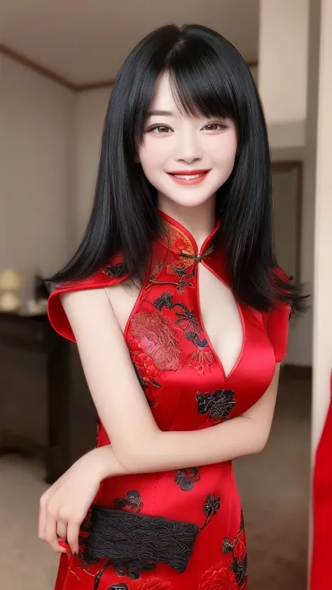 Beautiful face like an actress　smile　China dress　Black hair inner red　