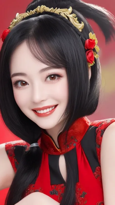 Beautiful face like an actress　smile　China dress　Black hair inner red　