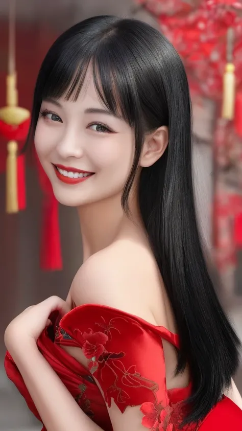 Beautiful face like an actress　smile　China dress　Black hair inner red　