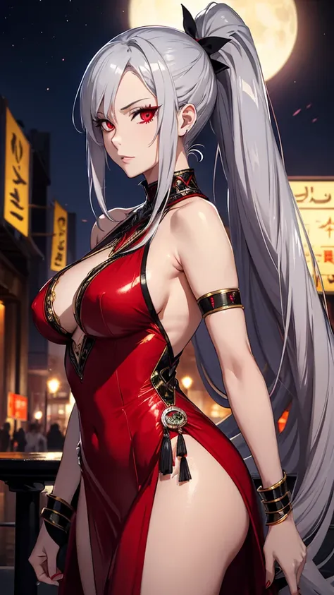 A anime mature woman with long ponytail silver,she is a vampire,she had a red eye,she wearing a red dancer egyptian dress,she was dancing,scenery is fancy festival at night behind her