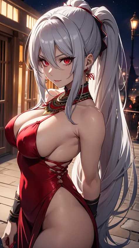 A anime mature woman with long ponytail silver,she is a vampire,she had a red eye,she wearing a red dancer egyptian dress,she was dancing,scenery is fancy festival at night behind her