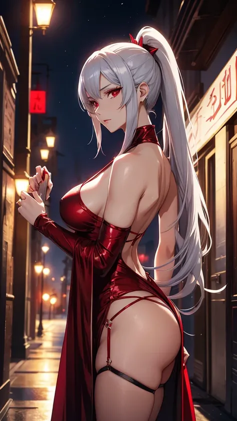 A anime mature woman with long ponytail silver,she is a vampire,she had a red eye,she wearing a red dancer egyptian dress,she was dancing,scenery is fancy festival at night behind her