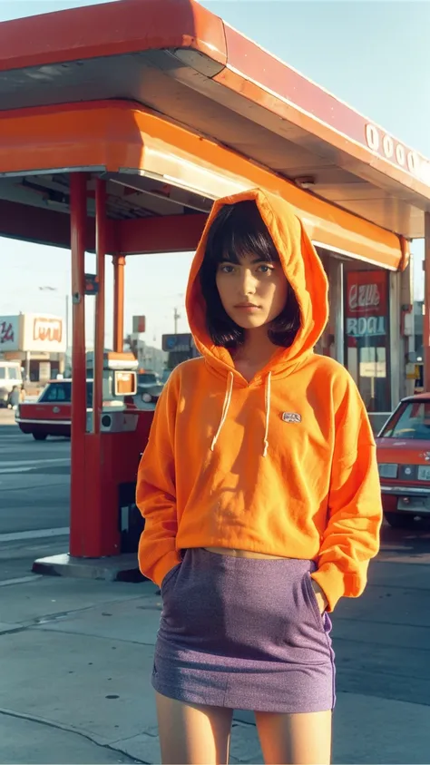  photo cinematic photograph long shot portraits by Wes Anderson, cute 23 yo girl ,fokus, bokeh ,wear ((orange oversized_hoodie)), wear ((purple tennis skirt)),looking front,Best Quality,Masterpiece,Ultra High Resolution,(Realisticity:1.4),Original Photo, 1...