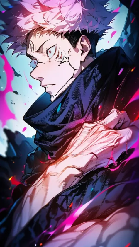 a male character named "ROYAMEN SUKUNA" in. "Jujutsu Kaisen" story series, has short, dry, pink hair, is dressed in a black hoodie with a red hoodie, has a tattoo on the face that resembles black abstract lines, and a curved tattoo on the wrist down to the...