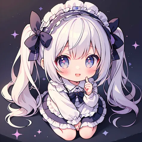 masterpiece, Highest quality, Highest Resolution、One Girl、from above, Looking up、full body、pastel colour、Gothic Lolita、Heart with fingers、Cute Dresses、Sparkling eyes、A smile that will captivate you、White background、Very long twin tails、Sitting、Looking at m...