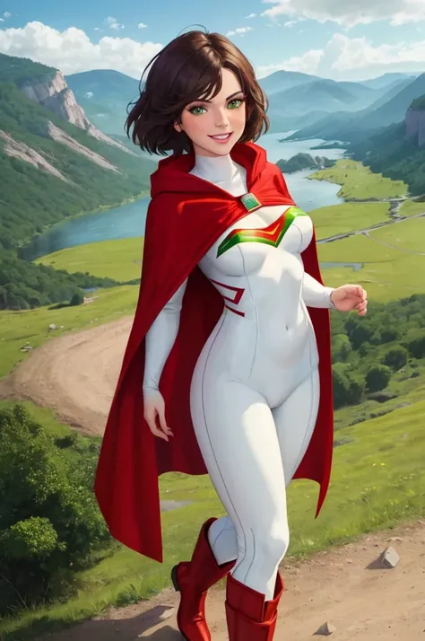 masterpiece, best quality:1.2), 1girl, smile, looking at viewer, red eyes, green eyes, heterochromia, short brown hair, dressed as superwoman, full bodysuit, green white catsuit, red cloak cape, red boots, standing in mountains Hungarian landscape