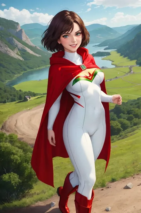 masterpiece, best quality:1.2), 1girl, smile, looking at viewer, red eyes, green eyes, heterochromia, short brown hair, dressed as superwoman, full bodysuit, green white catsuit, red cloak cape, red boots, standing in mountains Hungarian landscape