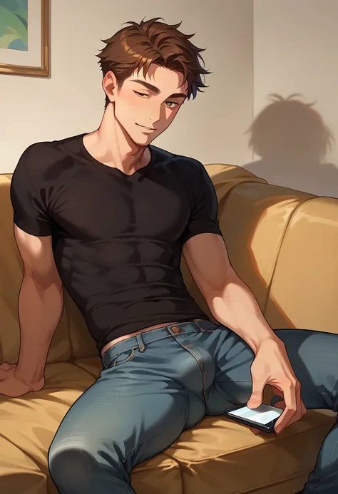 score_9, score_8_up, score_7_up, score_6_up, BREAK, 1boy, solo, sitting on the couch, legs spread, eyes locked on his phone, 30yo, short brown hair, jeans and black t-shirt, medium crotch bulge, beautiful eyes, open eyes.