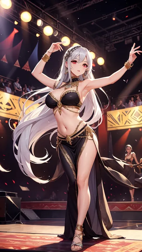 Draw me a mature a woman Is dancing On stage,she had a long silver hair and red eyes,she wearing a belly dancer dress from egyptian,scenery behind her is beautiful festival 