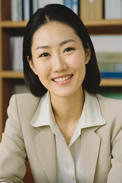 smiling woman in business suit sitting at a desk with a bookshelf in the background, kwak ji-yeon, korean women, woman in a busi...