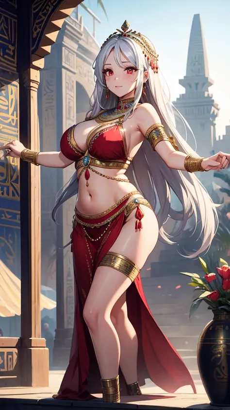 Draw me a mature a woman Is dancing on traditional stage,she had a long silver hair and red eyes,she wearing a belly dancer dress from egyptian,scenery behind her is beautiful festival,beauty face