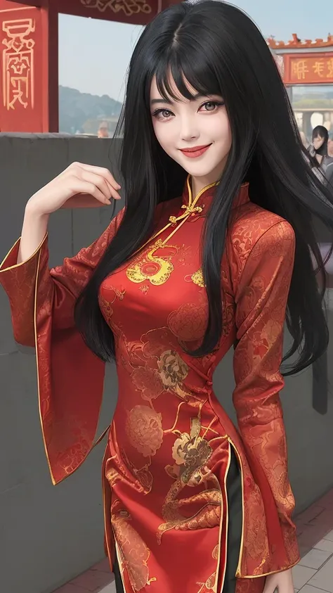 Beautiful face like an actress　smile　China dress　Black hair inner red　