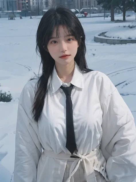 Best quality，masterpiece，Ultra-high resolution，snow，16K,Snow background，（Photo Realism：1.4),1 Girl，JK，Sexy，（Shirt and Tie：1.2),（Big breasts：2.3),（Upper body：1.4)