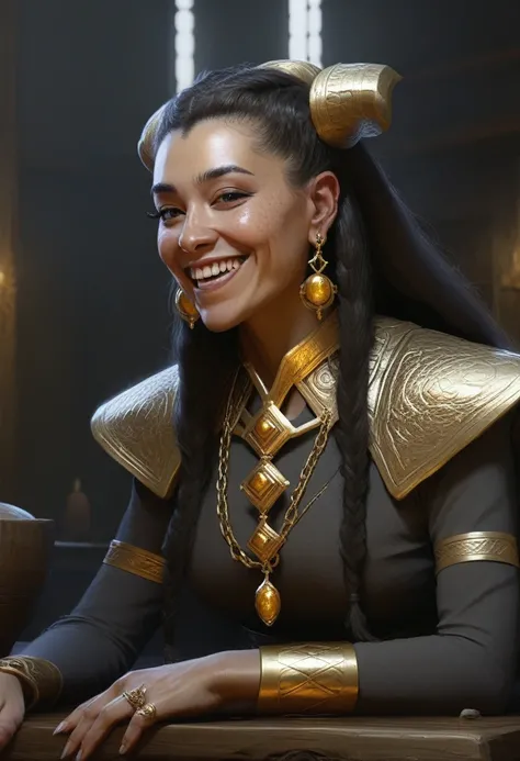 Best quality,Masterpiece,Masterpiece portrait,Complex details,Epic light,imaginary,Dungeons & The dragons,Retro,a priest,Dark dwarf,1girl,Wooden table,pub,Gray skin,Elegant smile,squint,Close-up of a Mycenaean female wearing gold jewelry, Spiders:0.9, netw...