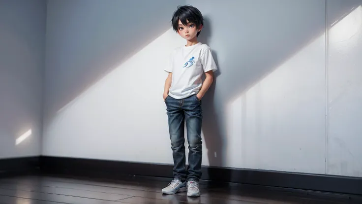 full body straight standing pose boy, 12yo student, Front Full body, blue side style hair, wearing pent and shirt, white background, simple white background,