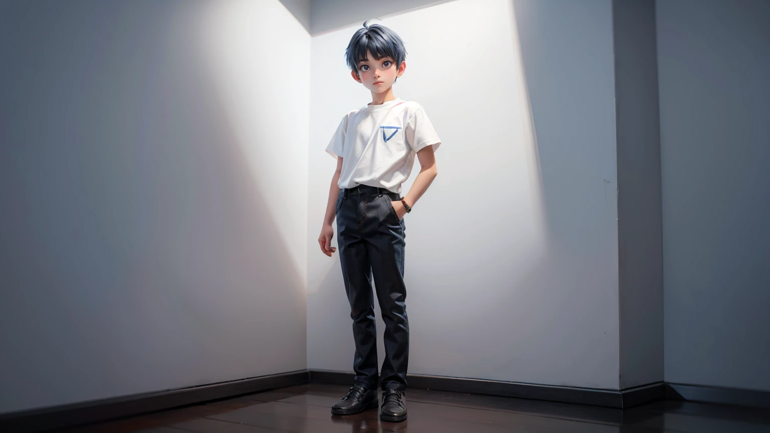 full body straight standing pose boy, 12yo student, Front Full body, blue side style hair, wearing pent and shirt, white background, simple white background,