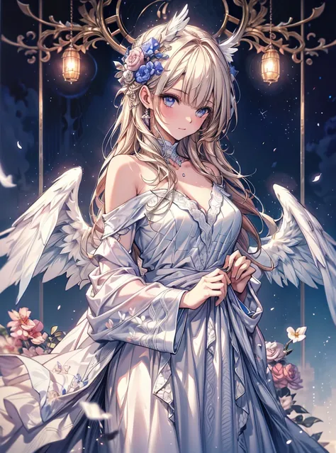 masterpiece, best quality, high resolution, with 1, Off-shoulder dress, Angel Wings, Beautiful Angel, Lots of flowers々, Shining eyes, Fake eyelashes, cute atmosphere, 