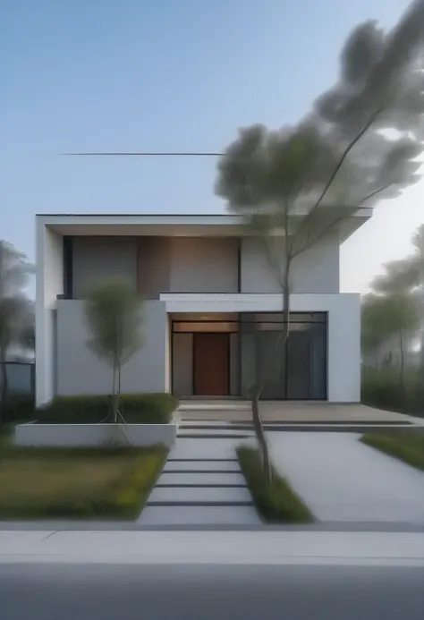 CRU photo,work of art, high qualiy, best qualityer, authentic, super detaill, plein-air, front-facing, single storey villaXL, aiai group, modern house style on the street, front house, visão front-facing, staircase, white wall road, pavement, gram, Trees, ...