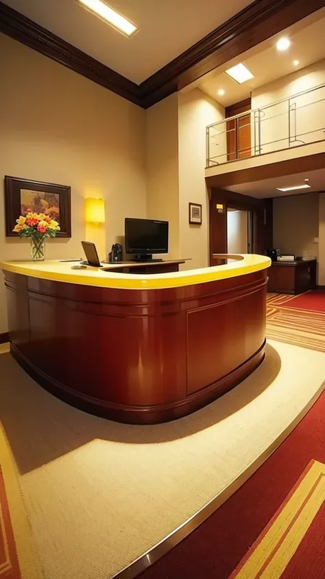 The reception desk at the hotel, made in light red and yellow colors, gentle colors, without people.