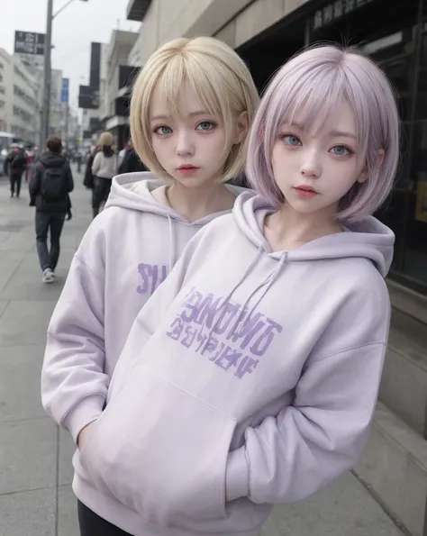 Anime Girls、White shorthair、Purple eyes、hoodie、smartphone、streamer、virtual、Street Style