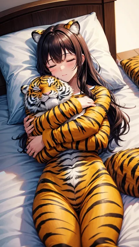 A woman wearing a fluffy tiger costume is sleeping in bed, hugging a pillow