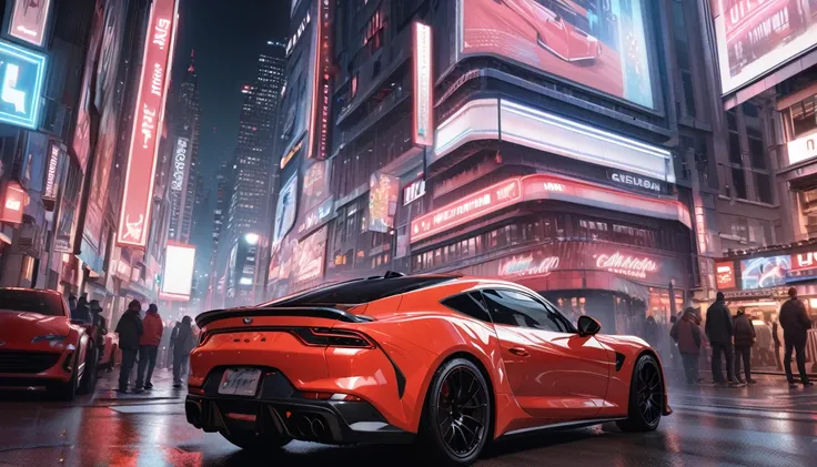 (best quality, masterpiece, ultra detailed, ultra high res, photorealistic, raw photo, absolutely resolution), neon, city, red sports car, late night