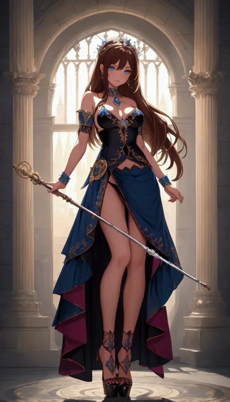 Dynamic Angle, ((Full body posture:1.5), (rich and colorful:1.2), (Extremely detailed CG unity 16k wallpaper:1.1), (Denoising Strength: 1.45), (tmasterpiece:1.37), ((Official Art)), 1 Girl, Solitary, staff, diaphragm, fire, magic, Long hair, Brown hair, Um...