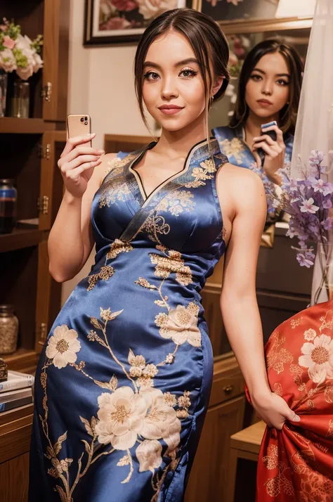 (photograph of sydney, in silk qipao), (looking at viewer), photorealistic, seductive, face and body focus, instagram selfie