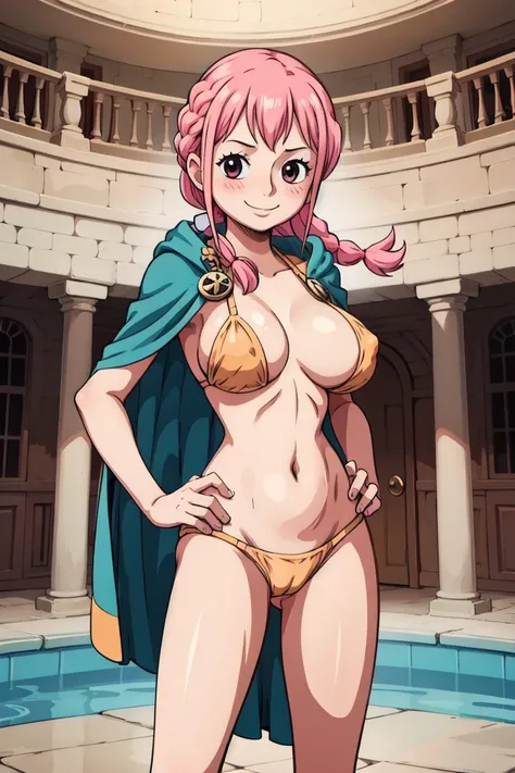 1girl, Rebecca_onepiece, braid pink hair, twin braids, blue cape, bikini armor, , (masterpiece:1.2), highres, best quality, 8k, very clear, room, big breasts, room, indoors, blush, seductive smile, looking at viewer, crazy smile, hand on hip, nipples, grab...