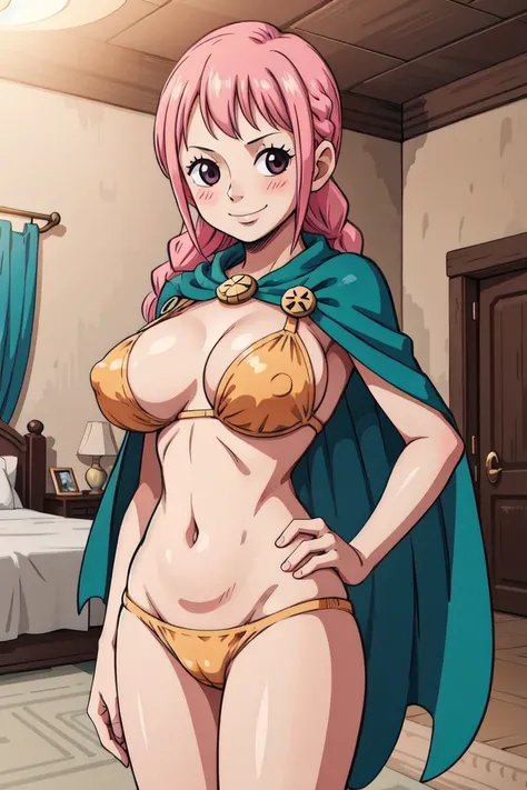 1girl, Rebecca_onepiece, braid pink hair, twin braids, blue cape, bikini armor, , (masterpiece:1.2), highres, best quality, 8k, very clear, room, big breasts, room, indoors, blush, seductive smile, looking at viewer, crazy smile, hand on hip, nipples, grab...