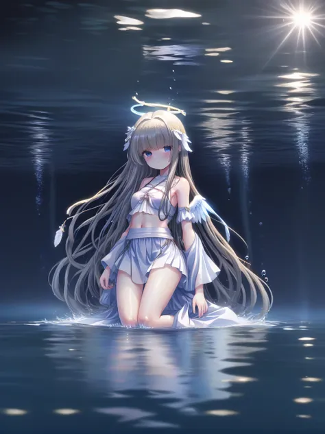 partly underwater, lakeの女神, long hair, wet hair,
lake,dark background, blur edges,8 year-old、flat chest、skirt、neck above waterli...