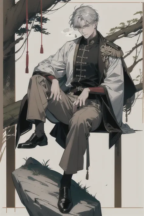 Yuan military white men in their 40s。Gray Hair。Wearing a brown cape。The background is the forest。He is sitting on a big rock and smoking a cigarette。Two legs。