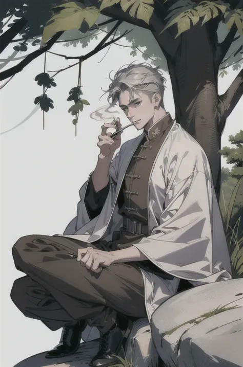 Yuan military white men in their 40s。Gray Hair。Wearing a brown cape。The background is the forest。He is sitting on a big rock and smoking a cigarette。Two legs。