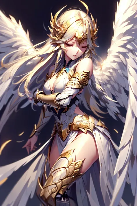 seraph raphael,long hairstyle,blonde,close your eyes,hand,big rainbow,blue sky,feathers flying