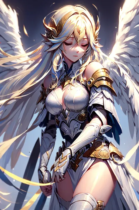 seraph raphael,long hairstyle,blonde,close your eyes,hand,big rainbow,blue sky,feathers flying