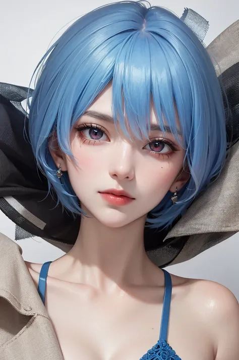 Masterpiece, Best Quality, 8K, Detailed Skin Texture, Detailed Cloth Texture, Beautiful Detail Face, Intricate Detail, Ultra Detailed, Portrait of Rei Ayanami, Blue Hair, Red Eyes, Head Tilt, No Background