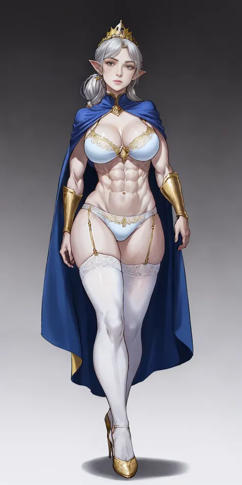 extremely long hair, ponytail, perfect anatomy 1 girl tall solo, slim thick ((muscular)) high elf full body toe to head toned body, silver breast plate, blue cape, slendered abs, hourglass waist, detailed face, defined cheekbones, puffy lips, gauntlets, go...