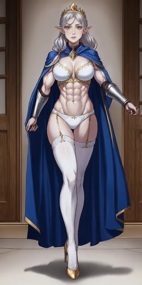 extremely long hair, ponytail, perfect anatomy 1 girl tall solo, slim thick ((muscular)) high elf full body toe to head toned body, silver breast plate, blue cape, slendered abs, hourglass waist, detailed face, defined cheekbones, puffy lips, gauntlets, go...