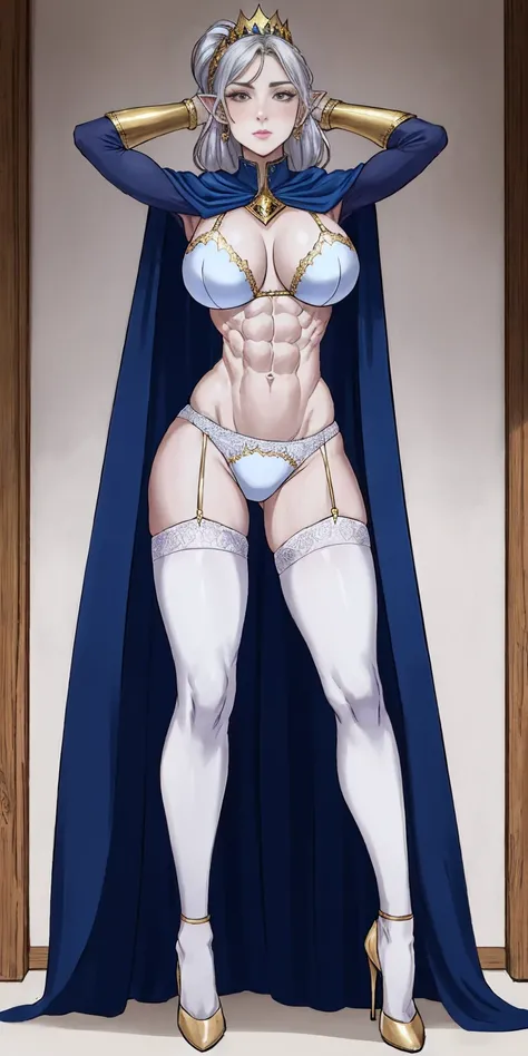 extremely long hair, ponytail, perfect anatomy 1 girl tall solo, slim thick ((muscular)) high elf full body toe to head toned body, silver breast plate, blue cape, slendered abs, hourglass waist, detailed face, defined cheekbones, puffy lips, gauntlets, go...