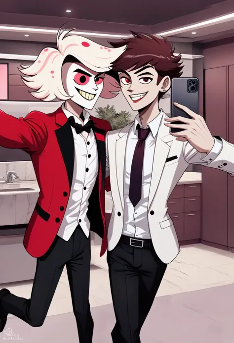 Anime boy taking a selfie at Hazbin Hotel , Medium Hair, Wearing a red suit,tie,Buzz Bin Hotel style illustration,Only one man