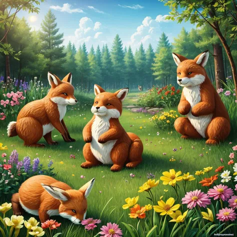 In a big forest, there lived a rabbit, a fox, and a bear. One day, the rabbit found a beautiful flower and decided to show it to the fox and the bear. The rabbit took the flower to the fox. The fox smelled the flower and liked it very much. Then, the two o...