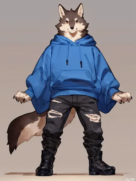 ((Best quality, masterpiece, detailed anatomy, detailed eyes, detailed hands, perfect lighting, perfect shading)), by Buta99, by Bebebebebe, 1male, Wolf, brown furs, tight body, dark  brown eyes, skinny chub body, young body, large sleeves blue hoodie, rip...