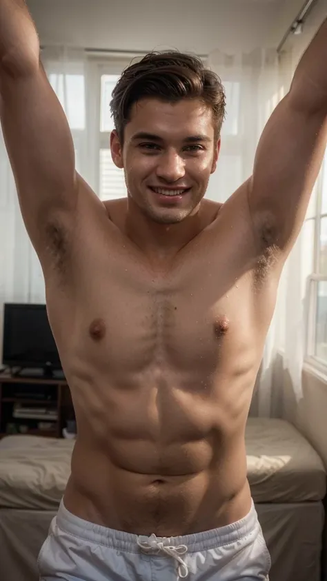 a man, posing in the apartment, wearing white swimming trunks, smile, light photography, handsome man, extremely detailed face, smile, detailed eyes, detailed lips, chiaroscuro lighting, cinematic composition, light color palette, high contrast, photoreali...