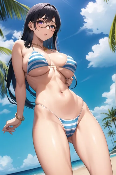 nsfw、Standing with hands behind back、Big Breastature adult woman、Toned body、Six Pack、8 heads、Beautiful feet、(Glasses、Black Hair、Purple Eyes、Twin Blade、)、Ocean辺、(((solo)))、(((Big Breasts)))、(Blue and white striped micro mini bikini、Blue and white striped Br...