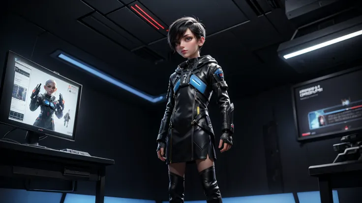 gaming boy, wearing a futuristic gaming dress, , black hairs, futuristic dress, gaming full straight standing pose, 14yo student, , Full body, boy, , gaming boy, Simple plain background, HD, standing, modern futuristic dress, front view, modern dresses, un...