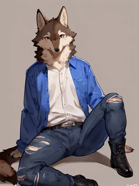 ((Best quality, masterpiece, detailed anatomy, detailed eyes, detailed hands, perfect lighting, perfect shading)), by Buta99, by Bebebebebe, 1male, Wolf, brown furs, tight body, dark  brown eyes, skinny chub body, young body, large sleeves blue shirt, ripp...