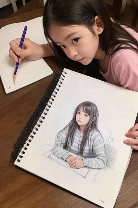 A girl draws in a sketchbook. The girl is surprised when a picture she drew comes out of the sketchbook.