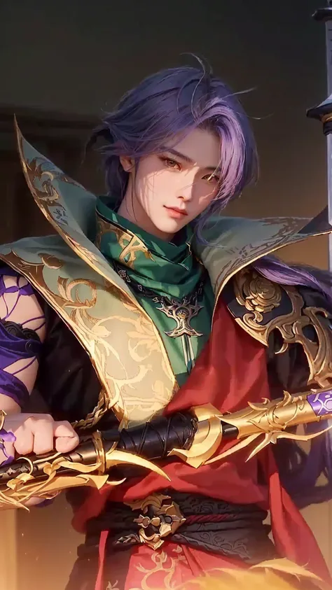 a close up of a person holding a sword and a sword, heise jinyao, style of kieran yanner, zhongli from genshin impact, leblanc, keqing from genshin impact, astri lohne, casimir art, inspired in kris from deltarrune, tane skin, roguish smirk, kda, inspired ...