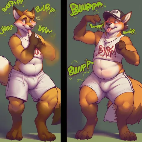 ((comic of four consecutive pictures showing gradual weight gain), ((Burping)), (((((quality, image detail))))), (((blush horney face))), by thesecretcave, by ifus, by zackary911, [by braeburned], [by chunie], fox ,male, standing, wearing shorts, wearing c...