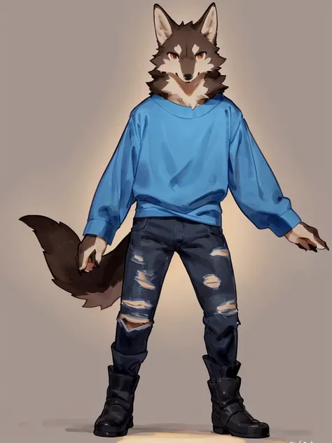 ((Best quality, masterpiece, detailed anatomy, detailed eyes, detailed hands, perfect lighting, perfect shading)), by Buta99, by Bebebebebe, 1male, Wolf, brown furs, tight body, dark  brown eyes, skinny chub body, young body, large sleeves blue tshirt, rip...